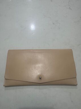 Slim Beige Leather Envelope Wallet with Button Fastening